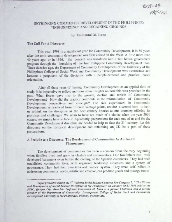 Rethinking Community Development in the Philippines: “Indigenizing” and Regaining Grounds