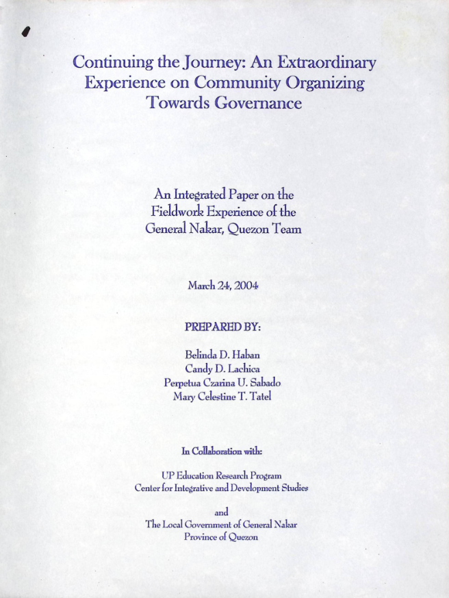 Continuing the Journey: An Extraordinary Experience on Community Organizing Towards Governance
