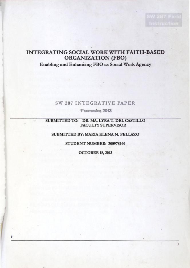 Integrating Social Work with Faith-based Organization (FBO): Enabling and Enhancing FBO as Social Work Agency