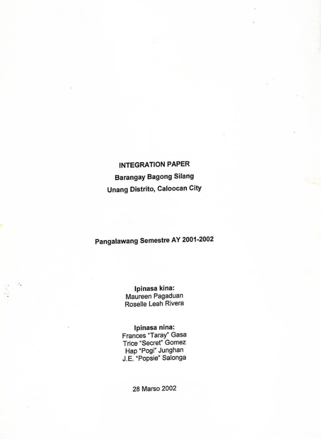 Integration Paper: Barangay Bagong Silang, Unang distrito, Caloocan City