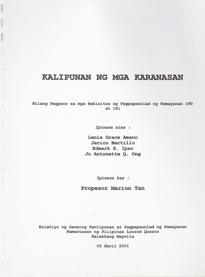 Kalipunan ng mga Karanasan: Bilang Pagpuno sa mga Rekisitos ng Pagpapaunlad ng Pamayanan 180 at 181