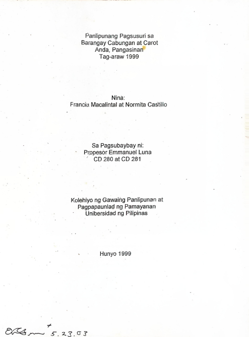 Panlipunang pagsusuri sa Barangay Cabungan at Carot, Anda, Pangasinan, Tag-araw 1999