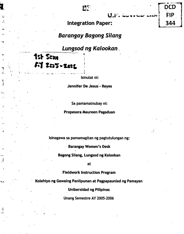 Integration Paper: Barangay Bagong Silang Lungsod ng Kalookan