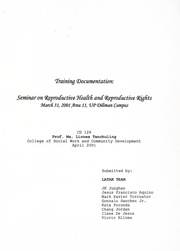 Training Documentation: Seminar on Reproductive Health and Reproductive Rights