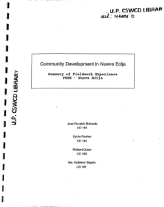 Community Development in Nueva Ecija: Summary of Fieldwork Experience PRRM – Nueva Ecija