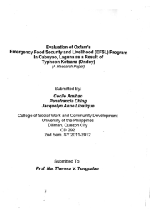 Evaluation of Oxfam’s Emergency Food Security and Livelihood (EFSL) Program in Cabuyao, Laguna as a Result of Typhoon Ketsana (Ondoy)