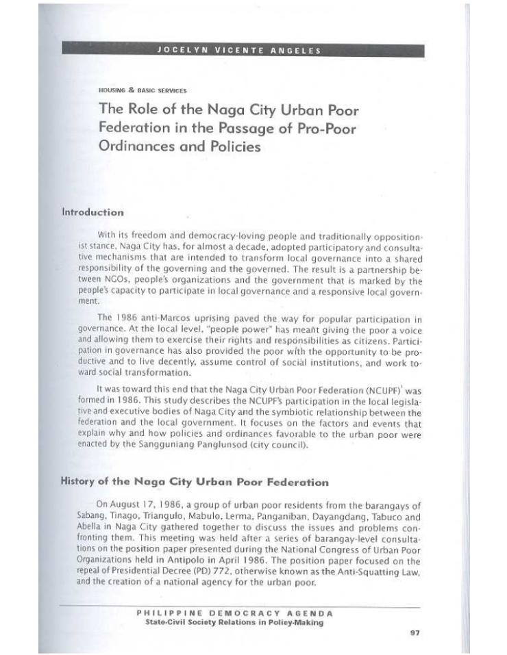 The Role of Naga City Urban Federation in the Passage  of Pro-Poor Ordinances and Policies